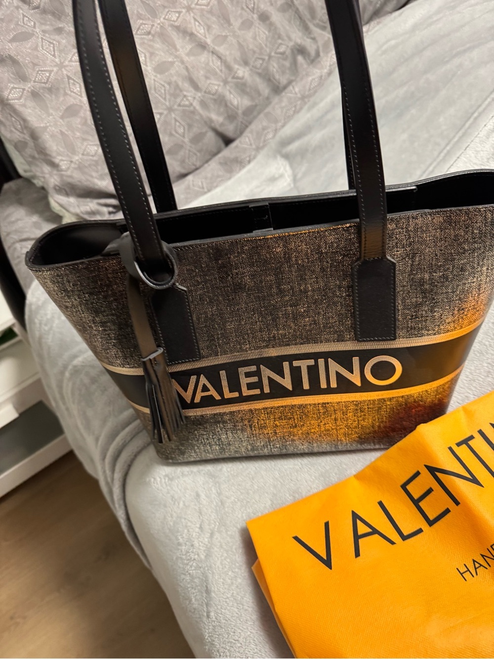 Valentino Black and Gold Logo Stripe Tote